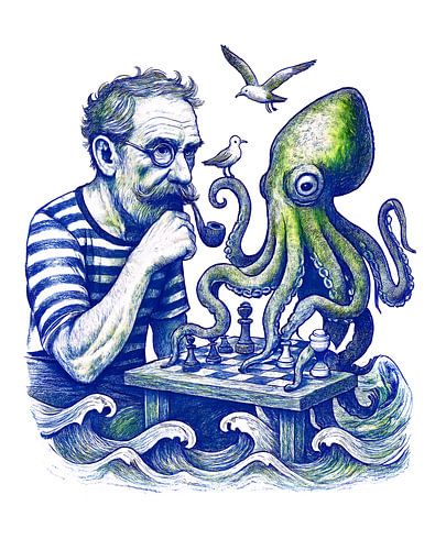 Een zeeman die schaakt met een grote, nieuwsgierige octopus