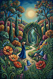 Impasto: Verzauberter Garten mit gewundenem Pfad und Blumenbogen von VICTOR S