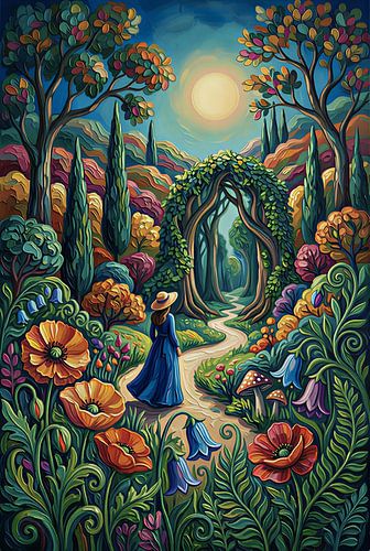 Impasto Enchanted Garden with Flowing Path and Floral Archway