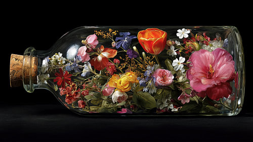 Kleurrijke bloemen in glazen fles artistiek panorama
