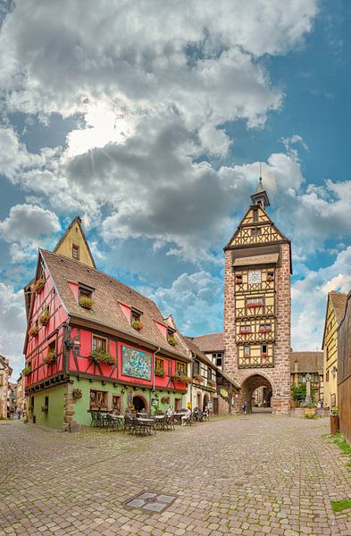 Half-timbered houses and the tower of the Musée du Dolder, Riquewihr, Alsace, France by Rene van der Meer