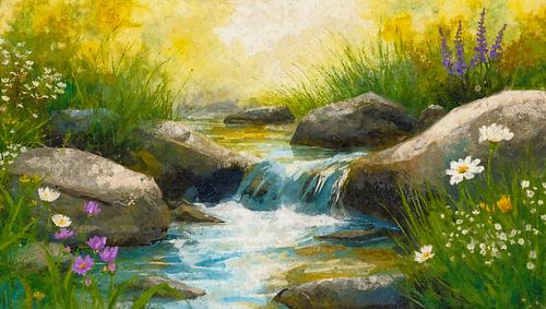 Restful stream with flowers and rocks