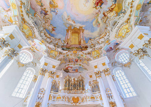 The organ and ceiling of the Wieskirche, Germany