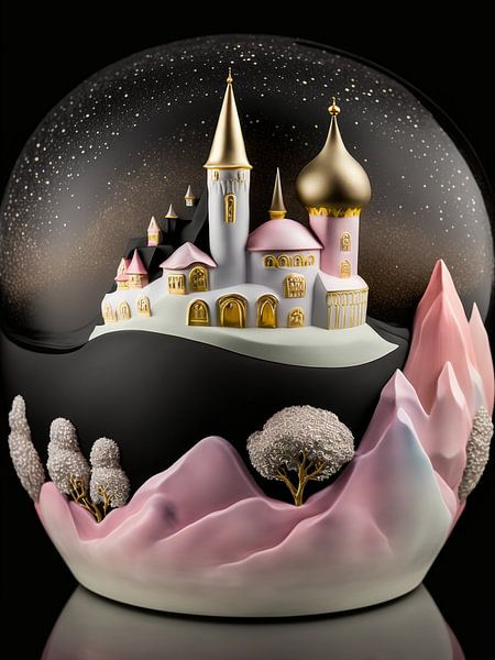 Snow globe porcelain white pink gold houses castle trees by gm_designs