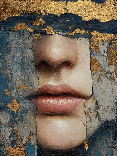 Abstract Face in Blue and Gold – Artistic Modern Wall Art