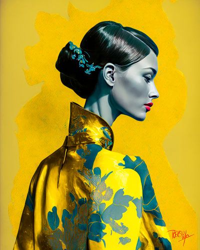 Portret van een vrouw in geel groene kleding