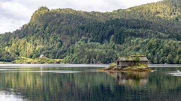 Oude schuur in de fjord, Noorwegen van Adelheid Smitt