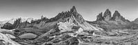 Dolomites at the Three Peaks in the Alps. Black and white image.