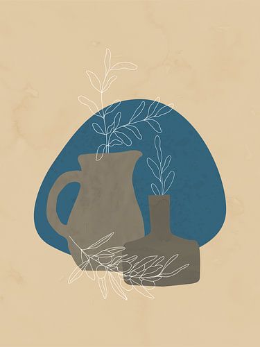 Minimalistisch stilleven van takken in een kan en een vaas