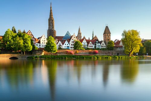 Panorama of the city of Ulm in spring, with river Danube and Ulm Cathedral