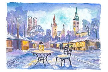 Nocturne Winter Magic over Munich's Frauenkirche, Town Hall and St Peter's Church