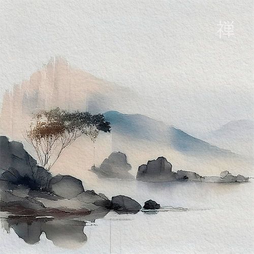Japandi Art.  Japans ZEN landschap in de mist