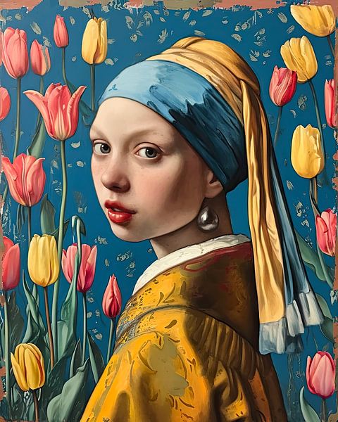 The girl with the pearl earring with tulips background by Vlindertuin-Art