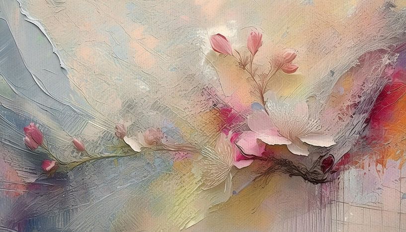 Gemälde eines Zweiges mit Apfelblüte in Mischtechnik von Studio Pieternel