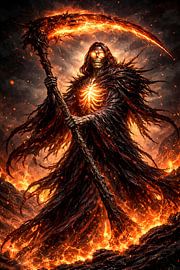 La Faucheuse et la faux des flammes de l'enfer : illustration de fantasy noire sur Faheem Beigh
