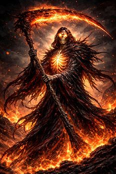 De Magere Hein met een hellevuur-zeis – Dark Fantasy-kunst