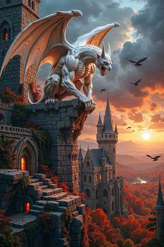 ALBICUSTOS - Een witte gargoyle zit op een kasteelmuur