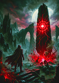 Eine verhüllte Gestalt vor einem leuchtend purpurroten Obelisken, Ruinen im Stil der Dark Fantasy