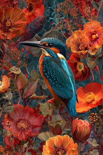 Kingfisher among Flowers in Colourful Garden