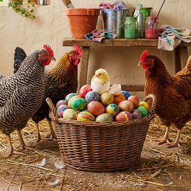 Cheerful Easter basket with hens and a chick by But First Framing