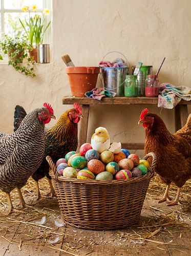Vrolijk paasmandje met kippen en kuiken van But First Framing