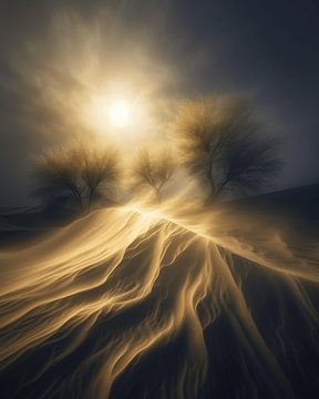 Magische boom in de zee van zand bij nacht van fernlichtsicht