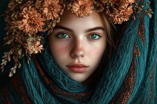 Portret met bloemen en groene ogen