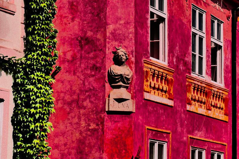 Prag - Rotes Haus mit Büste von Wout van den Berg