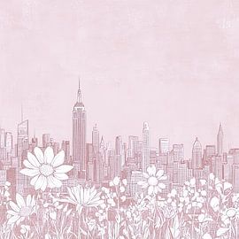 New Yorker Skyline mit Blumen - minimalistische Strichzeichnung auf rosa Leinen von Thea
