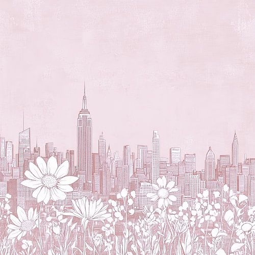 New Yorker Skyline mit Blumen - minimalistische Strichzeichnung auf rosa Leinen
