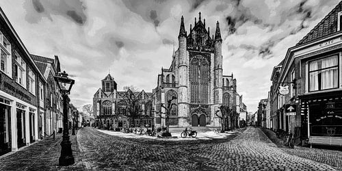 Panorama Pieterskerk Leiden Nederland Winter B&W