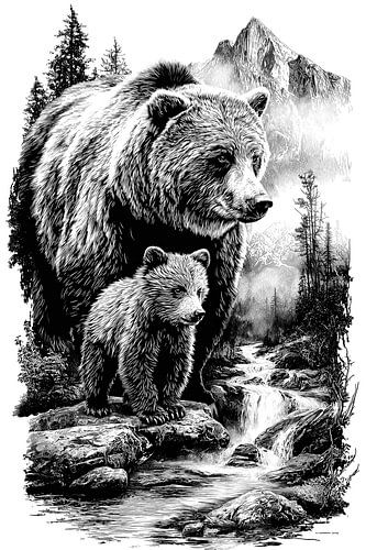Bear Family Detailed Vintage Line Art
