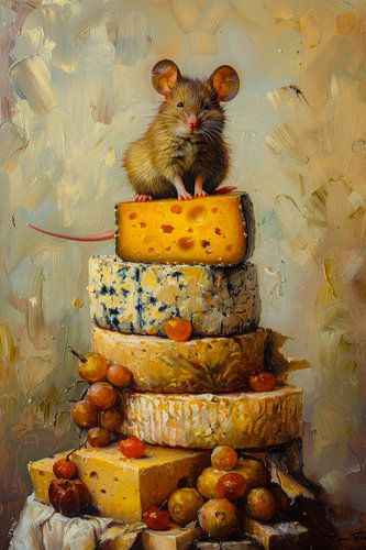 Eine süße Maus auf einem Stapel Käse