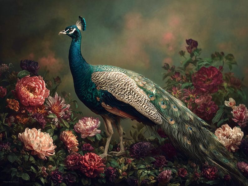 Garten des Stolzes - Pfau inmitten von Blumen von Danny van Eldik - Perfect Pixel Design