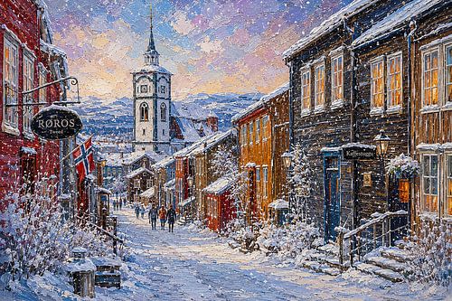 Røros in Noorwegen, een impressionistisch schilderij.
