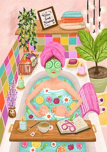 Femme dans le bain Illustration Relaxer Faire tremper Se détendre Citation S'occuper de soi sur Aniet Illustration