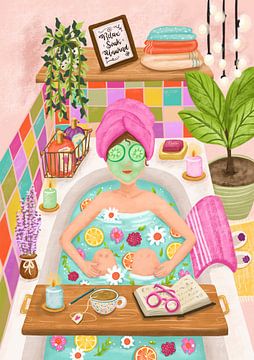 Woman in Bath Illustration Relax Soak Unwind Quote Self care by Aniet Illustration