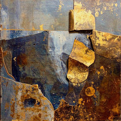 Cool industrial painting in timeless blue with gold accents