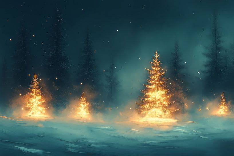 Light in the Darkness - Illuminated Pine Trees in the Snow by Eva Lee