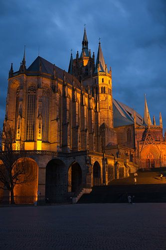 Cathedral square and cathedral in Erfurt in the blue hour
