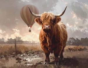 Zäher Highlander-Stier mit Heißluftballon im Hintergrund