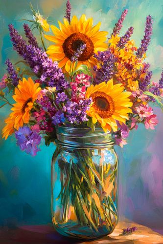 Colourful summer flowers in a glass vase