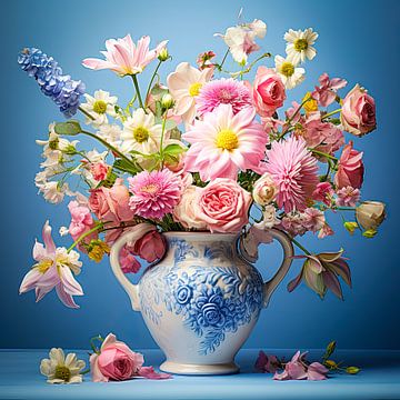 Pastellfarbener romantischer Blumenstrauß vor blauem Hintergrund von Vlindertuin Art