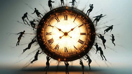 Mensen op de wijzerplaat van de tijd