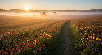 Flower Field with Dirt Path at Sunrise by Markus Gann