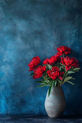 Fleurs rouges dans un décor bleu