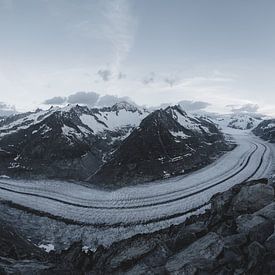 Panorama of the landscape at the Aletsch glacier in Switzerland between the mountains