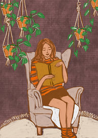 Een moment voor mij - Lezende vrouw met kamerplanten | Illustratieve wanddecoratie voor een warm interieur van Bianca ter Riet