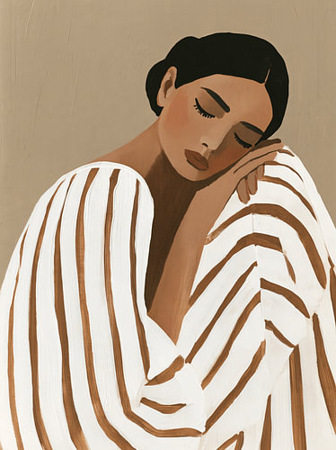 A modern portrait of a dreamy woman in a striped dress by Carla Van Iersel