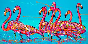 Gruppe von Flamingos im Wasser von Happy Paintings